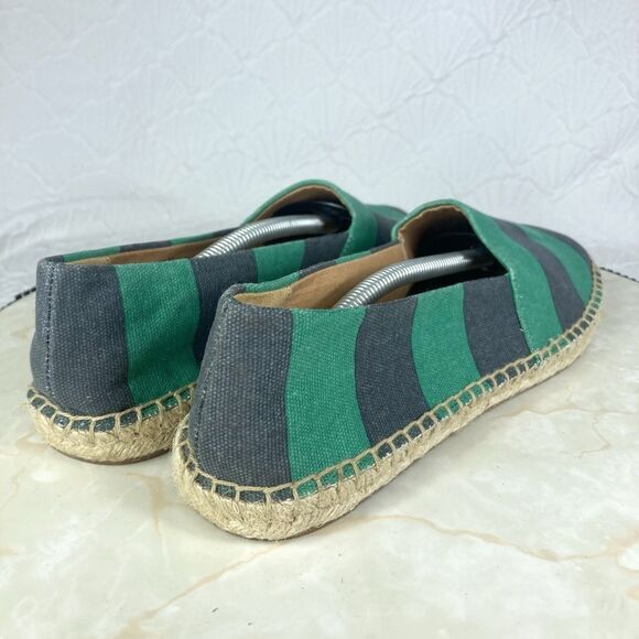 J. Crew Slip On Espadrille Flat Shoes 8 Navy Blue Green Striped Canvas Loafers - Picture 9 of 13